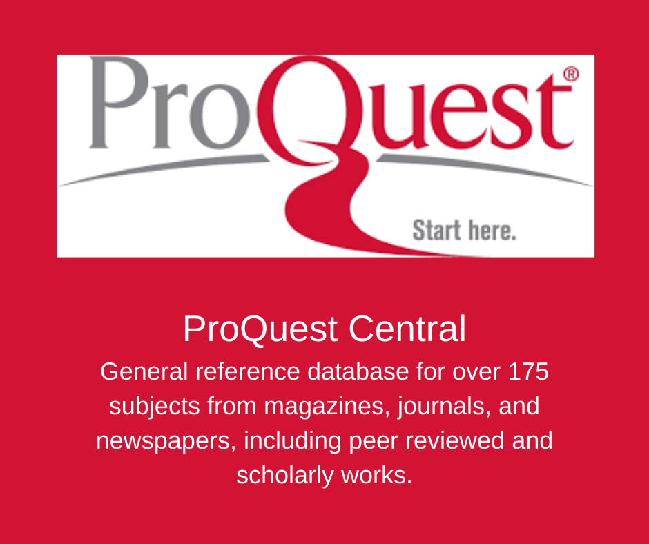Proquest Central. General reference database for over 175 subjects from magazines, journals, and newspapers, including peer reviewed and scholarly works.